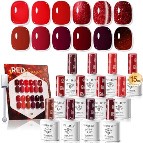 modelones 12Pcs 15ML Red Gel Nail Polish Set, Same Bottle Same Bottle Burgundy Cherry Dark Red Cat Eye Glitter Color Changing Hema Free Gel Polish Kit with Magnet Soak Off Manicure Nail Art DIY - Image 1
