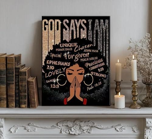 God Says I Am Canvas Wall Art Christian Black Woman Bible 3D Texture Painting Wall Decor Poster Prints Artwork for Bedroom Girl Room Office Apartment Home Decoration - Thumbnail 3