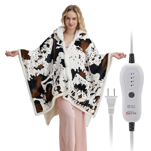 Heated Electric Blanket Shawl Cow Print Wearable Heated Blanket with Hood & Pocket, Winter Gifts for Adults, Soft Heating Blanket Throw with 4 Heat Levels & Auto Shut-Off, Cow Print, 50" x 64" - Image 1