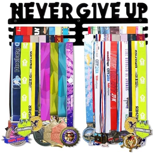 Bliocefo Medals Hanger Holder Display Steel Rack Hooks Wall Mount Frame Over 60 Medals-Sports Medal Hook Storage Organizer Never Give Up Ribbon with Easy Hanging Bars Black (NEVER GIVE UP.)