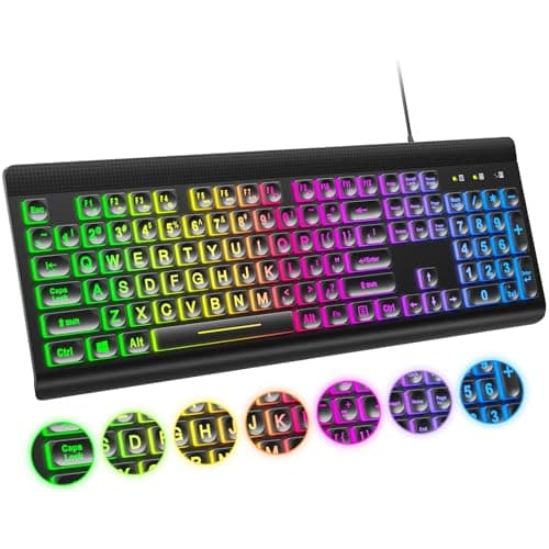 Atelus Large Print Backlit Keyboard, USB Wired Computer Keyboard, Full Size Keyboard with Rainbow Illuminated LED Compatible for Windows Desktop, Laptop, PC, Gaming, Black
