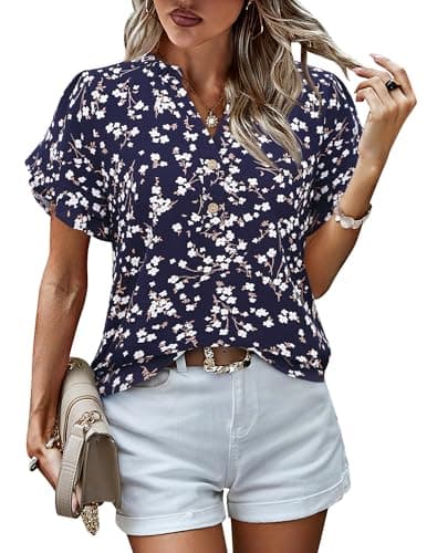 LOOKBOHO Womens Blouses Dressy Casual Chiffon Floral Tops Ruffle Short Sleeve V Neck Summer Loose Office Shirts Blue XXL - Image 1