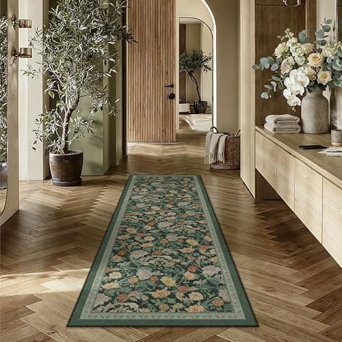 HUGEAR Retro 2x6 Runner Rugs Washable Hallway Rug Vintage Floral Throw Carpet Dark Green Stain Resistant Non Slip Low Pile for Home Aesthetic Modern Decor - Image 1