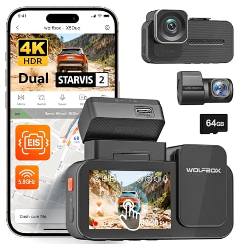 WOLFBOX X5 Duo 4K+2.5K Dash Cam Anti-Shake, 8MP STARVIS 2 IMX678 IMX675, Dual Car Camera Front and Rear, 5.8GHz Wi-Fi GPS, Included 64GB Card, Voice Control, Touch Screen, Parking Mode - Image 1