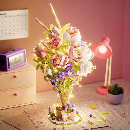 FRIMNS Ice Cream Flower Building Set with Lights, 975pcs DIY Birthday Gift Flower Building Blocks Toy for Adults Women Mom Teen (14+) - Home, Office Decor Anniversary Easter Gift Idea - Image 1