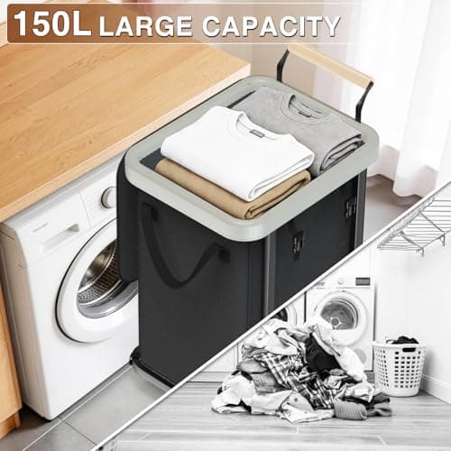 40 Gal (150L) Laundry Hamper with Lid,Leather Patchwork Laundry Baskets with Wheels and Handle,Dirty Clothes Hamper,Laundry Basket Organizer for Bedroom Aesthetic,Laundry Room,Dorm - Black Gray - Thumbnail 4