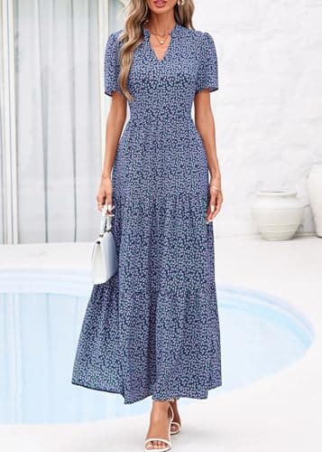 KIRUNDO Womens Summer Floral Maxi Dress Short Sleeve V Neck Boho Long Flowy Casual A Line Dresses 2026 Beach Vacation Outfits(Navy Floral, XX-Large) - Thumbnail 5