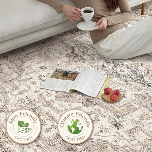 Area Rug 5x7 Washable Vintage - Soft Traditional Rugs for Living Room Large Non Slip Backing with Low Pile Farmhouse Oriental Retro Carpet for Bedroom Dining Room or Home Office - Tea Brown - Thumbnail 5