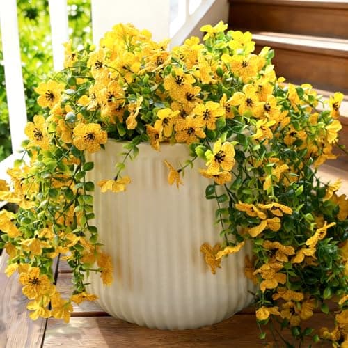 Fanfantoey 3Pcs Artificial Flowers for Outdoors, UV Resistant Fake Flowers, Realistic Artificial Hanging Flowers, Fake Plants Silk Daisy Vines for Spring Summer Outdoor Decor(Yellow) - Image 1