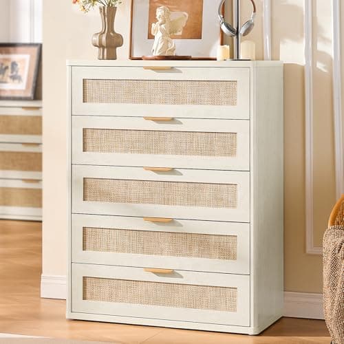LEYAOYAO Rattan Dresser for Bedroom, 41" Tall Dressers Chest of Drawers, Boho Small Dressers with 5 Drawers, Grey White Dresser Wooden Closet Organizer for Living Room, Hallway - Image 1