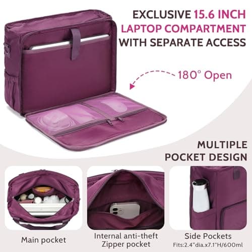 Lunch Tote Bag for Women with 15.6" Laptop Compartment, Work Tote Bag with Insulated Lunch Compartment, Large Casual Canvas Handbag Luncg Bags for Nurse, Teacher, Office, Travel, Beach, Purple - Thumbnail 3
