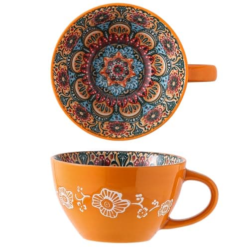 JINNTHE Bohemian Hand-Painted Ceramic Mug, 15 Oz Large Coffee Cup for Milk, Tea, and Breakfast, Dishwasher & Microwave Safe Artisan Cup, Orange - Image 1