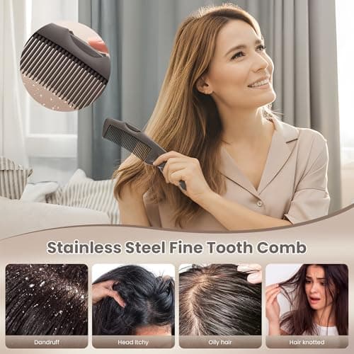 2PC Dandruff Comb Fine Tooth Scalp Detox Comb Lice Stainless Steel Scalp Detoxing Hair Brush Tool Hair Care for Women, Men & Kids (Brown) - Thumbnail 2