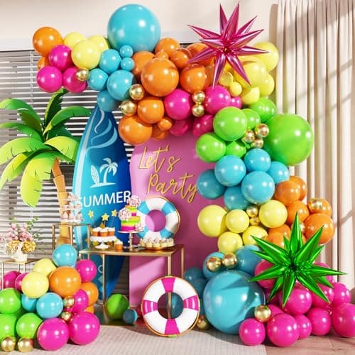 Summer Tropical Balloon Arch Kit 141Pcs Orange Hot Pink Yellow Blue Green Gold Balloons with Foil Star Balloons for Hawaiian Luau Aloha Theme Baby Shower Birthday Party Decorations - Image 1