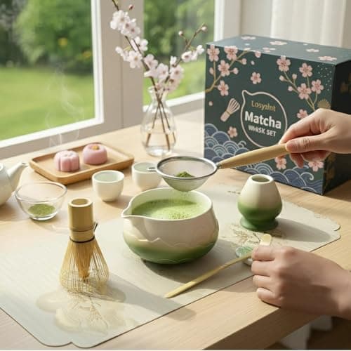 Losyslnt 7 Pcs Matcha Whisk Set - Complete Matcha Kit Set Includes Matcha Bowl with Spout, Bamboo Whisk with Holder, Scoop, Sifter, Scoop Holder, Tea Towel - Ideal Gift for Matcha Lovers (B-Green) - Thumbnail 2