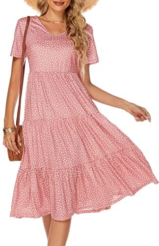 Berydress Women's Summer Dresses 2025 Sexy V-Neck Short Sleeve Midi Dress Casual Boho Loose Fit Tiered Babydoll Dress (L, 6175-Pink Dot) - Image 1