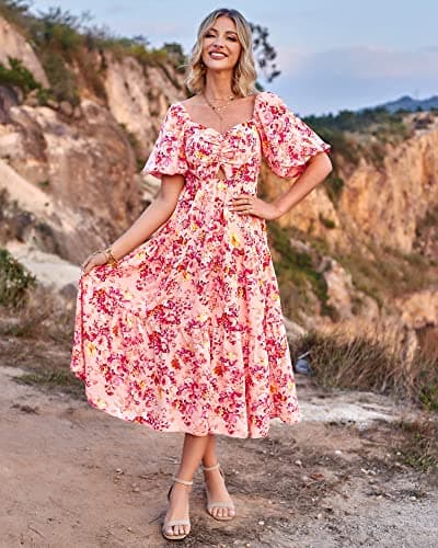 BTFBM Summer Dresses for Women 2026 Spring Outfits Beach Vacation Short Sleeve Smocked Boho Casual Floral Maxi Dress(Floral Pink Red, Medium) - Thumbnail 3