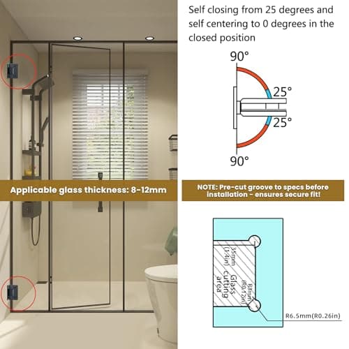 Alise Glass Shower Door Hinges, 90 Degree Hinges for Bathroom Doors,Heavy Duty Stainless Steel Cabinet Hinge Wall to Glass,Frameless Shower Doors Hardware Replacement Part,Black (1P) - Thumbnail 4