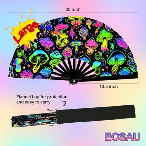 EOSAU UV Glow Large Rave Fan Folding Hand Fans for Line Dancing Portable Handheld Clack Fan for Festival EDM Party Music Outfit Accessories (13" Mushrooms) - Thumbnail 2