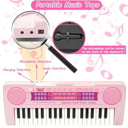 EOOLEOW Kids Piano Keyboard Toys, 37 Keys Music Keyboard Piano for Kid with Microphone, Learning Educational Toddler Keyboard Toys for Kids Ages 3-8 (Pink) - Thumbnail 5
