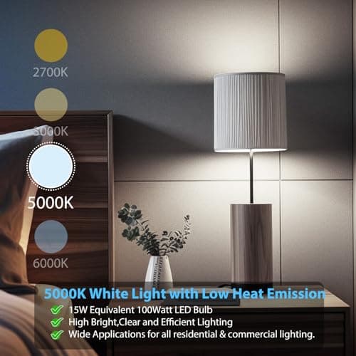 dalattin 4 Pack LED Bulbs Daylight White 5000K, 100 Watt Equivalent A19 Standard Bulbs, E26 Base, 1500 LM, Efficient 15W Energy Saving, Non-Dimmable, 80+ CRI, 120V, UL Listed, for Living Room, Office - Thumbnail 4