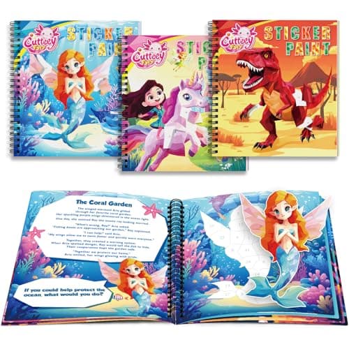 CutteeyFyry 3PCS Paint by Sticker Book for Kids Ages 4-8 - Sticker by Number Activity Books with Stories for Toddlers 2-4 | Travel Airplane Car Toys, Screen-Free Puzzle Gift for Girls Ages 3-5 4-6 6-8 - Image 1