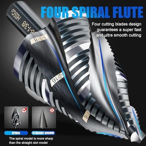 M35 Four Spiral Flute Step Drill Bit Set 1/4" - 1-3/8" （19 Sizes, 1/4" Hex Shank Unibit Step Drill bit, Impact Resistant M35 Cobalt Step Drill Bit, for Stainless Steel, Wood, Aluminum, Plastic - Thumbnail 5