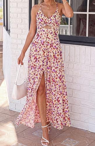 BTFBM Summer Dresses for Women 2026 Spring Floral Spaghetti Strap Smocked Cutout Maxi Dress Resort Beach Vacation Outfit(Floral Light Brown, Large) - Thumbnail 6