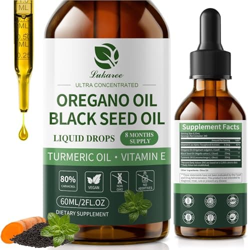Oil of Oregano Drops with Black Seed Oil, Turmeric Oil, Vitamin E & Olive Oil Based, Immune Digestive Cleanse & Detox*, 80% Carvacrol Cold-Pressed Natural Aceite de Oregano, 2 Fl Oz, 8 Month Supply - Image 1