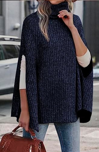 KIRUNDO Women's 2026 Fall Winter Turtleneck Poncho Sweater Fashion Chunky Knit Cape Wrap Sweaters Pullover Jumper Tops(Navy, Medium) - Thumbnail 3