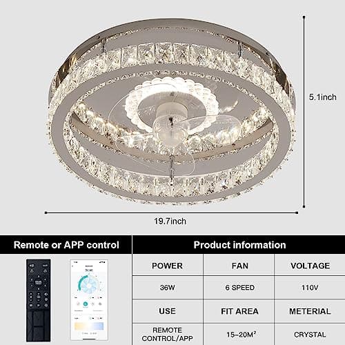 KINDLOV Crystal Ceiling Fans with Lights, Modern Ceiling Fan with Remote Control,Low Profile Ceiling Fan with Dimmable LED Light and 6 Speeds for Bedroom,Kitchen,Living Room - Thumbnail 2
