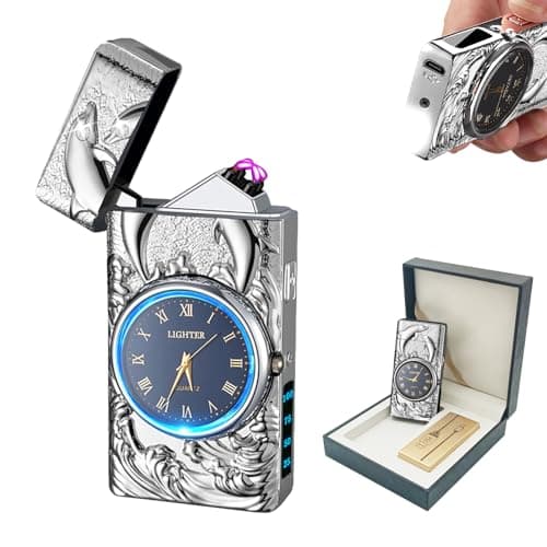 BABOBIU Electric Lighter USB Rechargeable Lighter Windproof Cool Dolphin Lighters Flameless Portable Arc Lighters with Portable Flashlight Gift for Men, Boyfriend, Husband (Silver)
