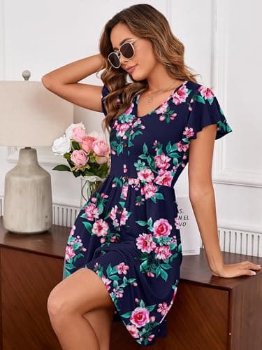 Heymoments Women Summer Dress Vintage Blossom Small Ruffle Sleeve V Neck Casual Cute Loose Sundress Comfy Swing Button Down Midi Work Flowy Tunic Ladies Beach Vacation Teacher Dresses with Pockets - Thumbnail 3