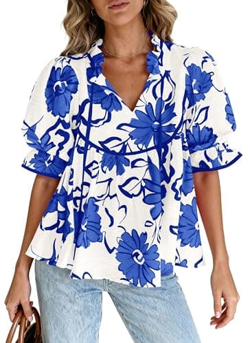 PRETTYGARDEN Womens Summer Tops 2026 Cute Puff Sleeve Ruffle V Neck Babydoll T-Shirts Boho Floral Spring Peplum Shirts(Blue Floral,XX-Large) - Image 1