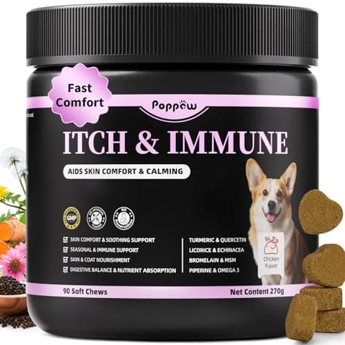 POPPAW Itch Relief for Dogs - Turmeric Supplements for Itching Skin Comfort & Coat Health & Seasonal Allergy Care, Immune Support Supplement with Omega-3 Fish Oil, Biotin - Chicken Flavor - 90 Count - Image 1