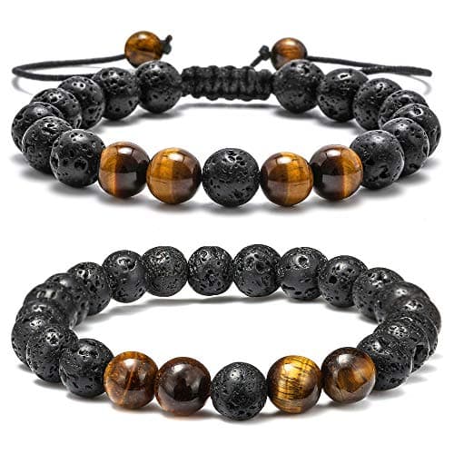 M MOOHAM Natural Bead Bracelet - Gem Semi Precious Stone Round Beaded Black Lava Rock Tiger Eye Beads Bracelet Men Adjustable Gifts for Husband Boyfriend - Image 1
