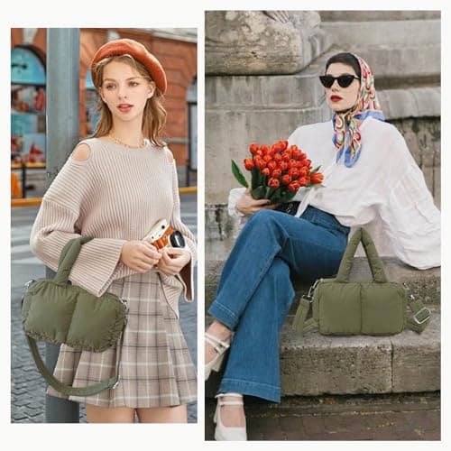 JHhomezeit Small Puffer Bag for Women, Crossbody Puffer Tote Bag Quilted Puffy Bags Satchel Shoulder Purse Fluffy Handbag Army Green - Thumbnail 6