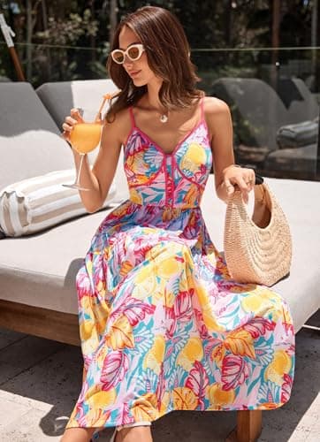 GRACE KARIN Womens Summer Floral Maxi Dresses 2026 Spaghetti Strap Wedding Guest Resort Wear Boho Beach Vacation Sundresses Blue Rose Floral XL - Thumbnail 4