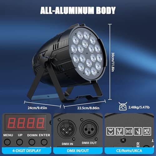 DazzlingStage 200W Stage Lights, RGBWAL 6IN1 Par Lights, Professional 18 LED DMX512 Sound-Activated Controlled LED Par Can, 6/10CH Uplights for Theater Studio Concert Stage DJ Party - Thumbnail 6
