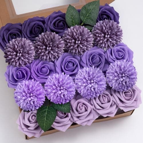 BSMYBO Purple Flower Artificial Roses Faux Flowers with Stems Mix Fake Roses Dahlia Chrysanthemum Ball for Wedding Bridal Bouquets, Table Centerpieces, Baby Shower, Party, Home Decorations - Image 1