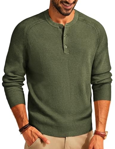 PJ PAUL JONES Men's Henley Long Sleeve Sweater Regular Fit Casual Knit Sweaters for Work Office Army Green - Image 1