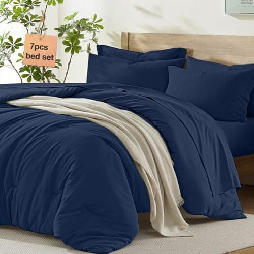 Homelike Moment King Size Comforter Set 7 Piece, Navy Bed in a Bag King Size Bed Set Lightweight and Machine Washable