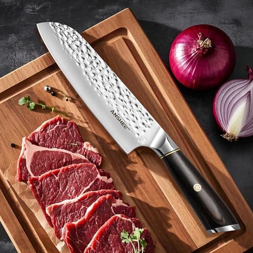 anshee 7 Inch Japanese Santoku Knife with Sheath Gift Box-Hammered Finish High-Carbon Stainless Steel Precision Chef Knife Wood Handle,Multipurpose Kitchen Knife for Slicing Meat,Vegetables,Fruits - Thumbnail 3