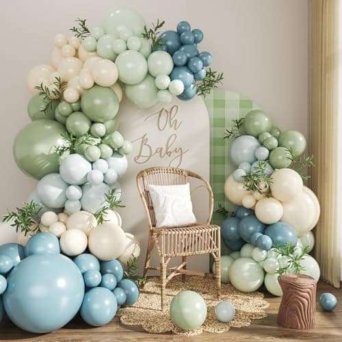 Dusty Blue Sage Green Balloon Arch Kit, 124Pcs Fog Blue Light blue Green Sand White Balloons Different Size for Baby Shower Bridal Shower Anniversary Birthday Party Decorations - Image 1