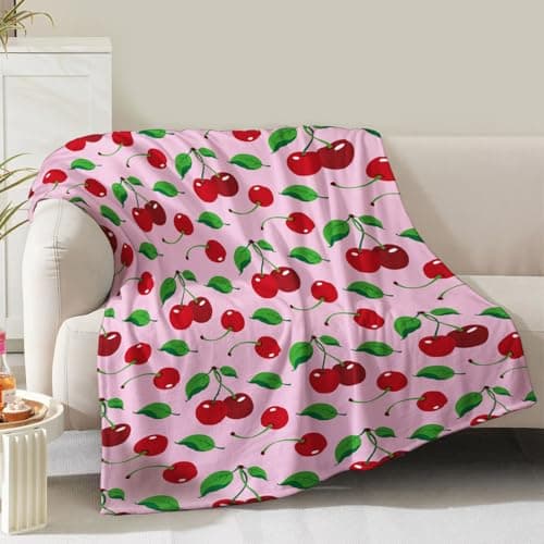 Cherries Blanket Gifts for Women Girls Mom Kids Adults Teen Birthday Christmas Valentine Present Pink Cherry Fruit Theme Decor Home Bedroom Living Room Sofa Couch Soft Cozy Plush Fleece Throw 60"x50" - Image 1