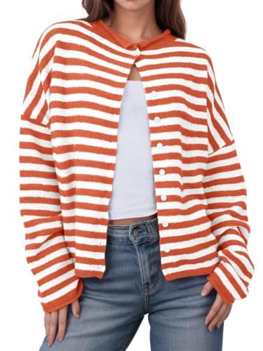 UNCLECAT Womens Striped Cardigan Sweater Casual Button Up Knit Tops Long Sleeve Sweaters Open Front Top Fall Coats Orange - Image 1