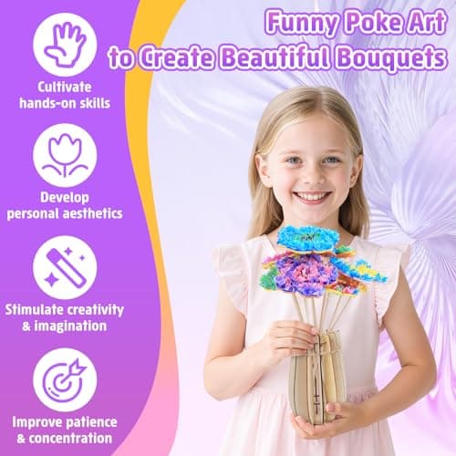 MPQMPQ Poke in Flower Art Bouquet Kit, 800+PCS Fabric Bouquets Toys with 8 Flowers & 2 Butterflies & 1 Wooden Vase, DIY Flower Making kit, Arts and Crafts for Kids Ages 6-12, Girl Birthday Gift Ideas - Thumbnail 2