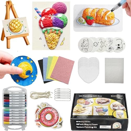 ZadaBelly 56 Pcs Magic Foam Texture Painting Kit，Puffy Magic Paint Set with 21Pcs Foam Texture Paper, 12 Colorful Brush, 2 Water Brushes，3D Effect Art Craft Set Great Gifts for Birthday - Image 1