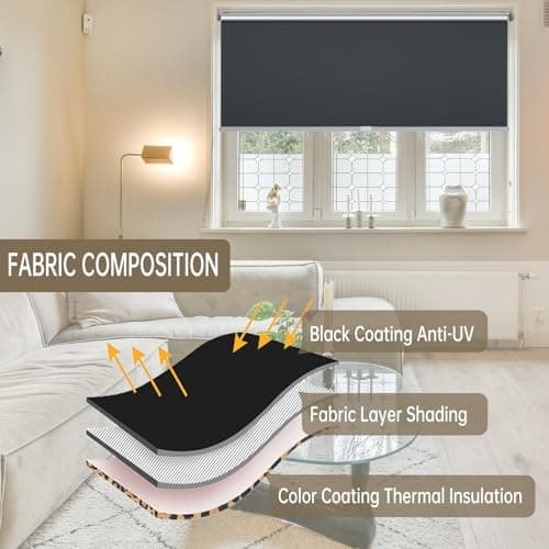 Changshade 100%Blackout Roller Shades for Windows，Room Darkening Thermal Insulated Pull Down Window Blinds, Cordless Free-Stop Shade，Easy Install UV Protection Door Blind for Home，Black,25" W x 72" H - Thumbnail 5