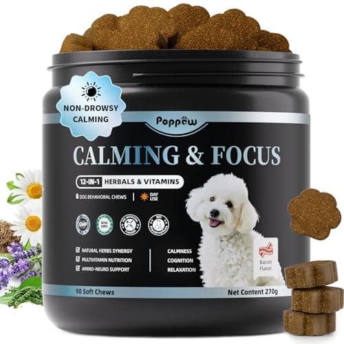 POPPAW Calming Chews for Dogs – Calming Treats for Anxiety, Stress, Separation, Travel & Thunder, Non-Drowsy Alternative to Melatonin, Calm & Focus with Chamomile & Ashwagandha, Bacon Flavor, 90Ct